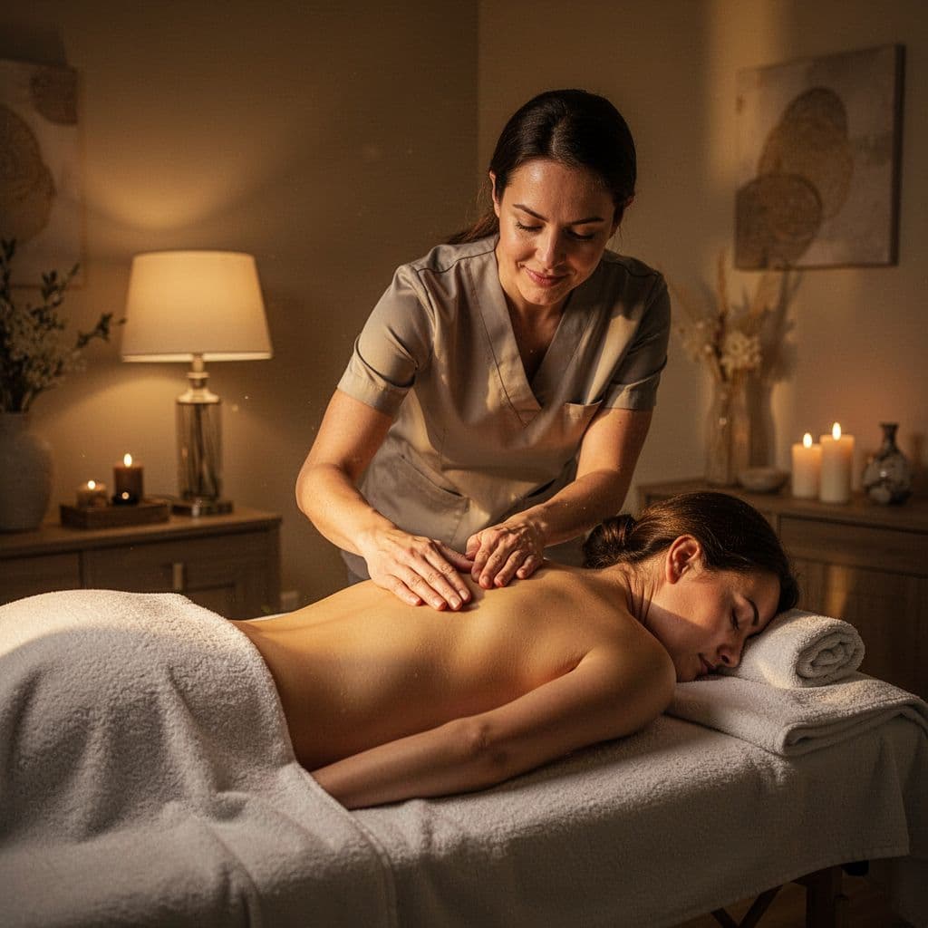 A therapist stands by a massage table in a dimly lit, serene spa, maintaining a gentle connection with a relaxed client. Soft golden light highlights the peaceful, tranquil atmosphere throughout.