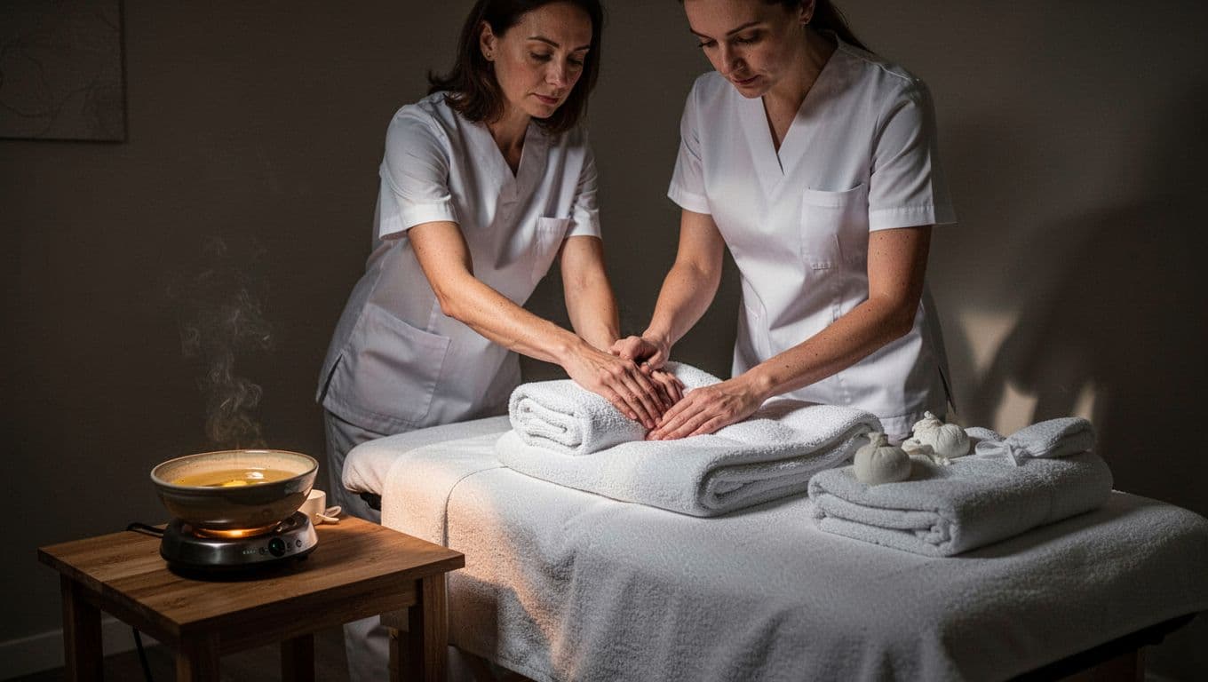 A therapist dressed in a crisp uniform arranges soft white towels on a massage table. Nearby, a ceramic bowl of massage oil sits warming on a wooden side table in dim light.