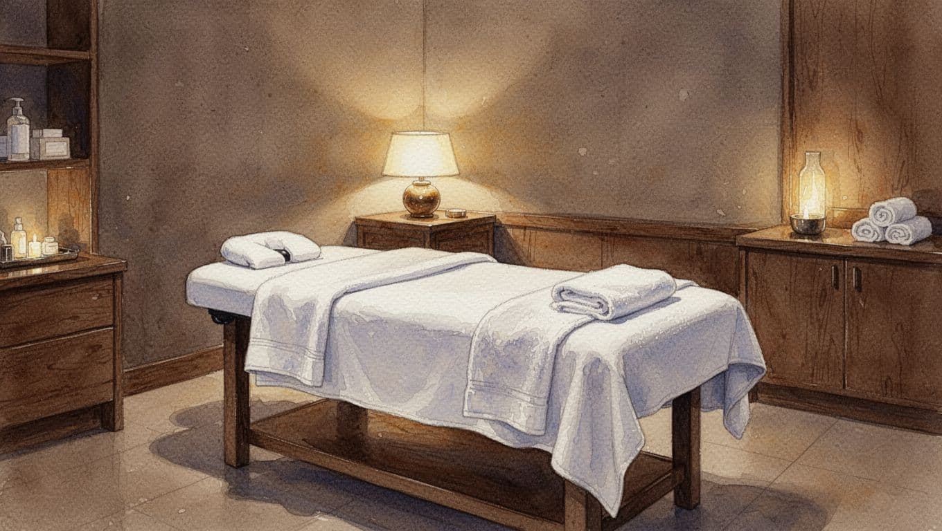 A tranquil massage chamber features a neatly prepared table surrounded by warm wooden accents and plush white linens. A glowing side lamp provides soft illumination, highlighting the elegant watercolor textures.