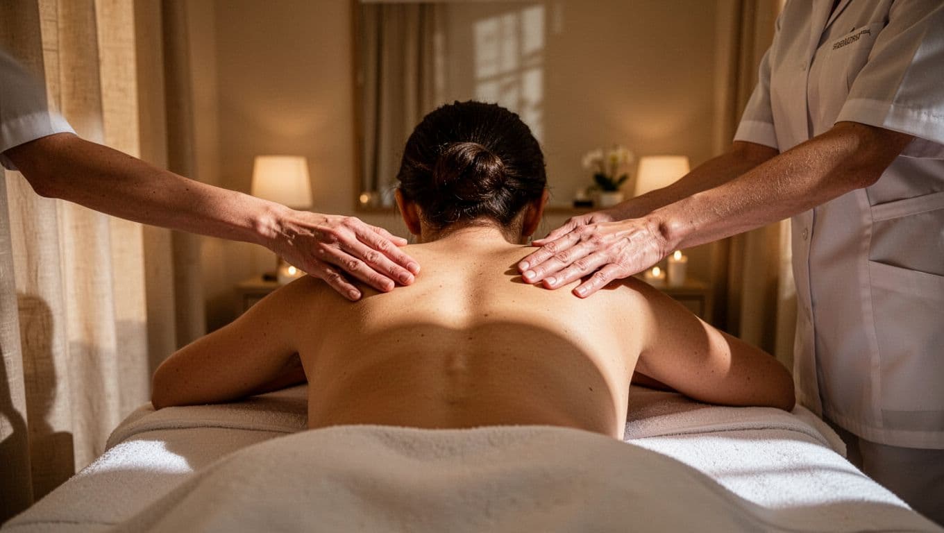 A therapist performs a relaxing shoulder massage on a client lying face down on a professional table. Warm ambient light illuminates the serene room with soft fabric curtains draped in back.