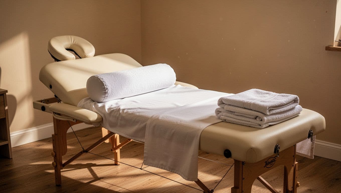 A pristine massage table sits in the center of a treatment room, draped in crisp white linens with a bolster underneath. Stacked clean towels rest nearby under soft, golden ambient lighting.