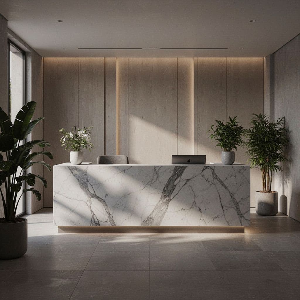 A sleek white marble counter sits in a dimly lit, tranquil room with warm accent lights. Soft towels and a small stone fountain create a clean, organized, and inviting atmosphere.
