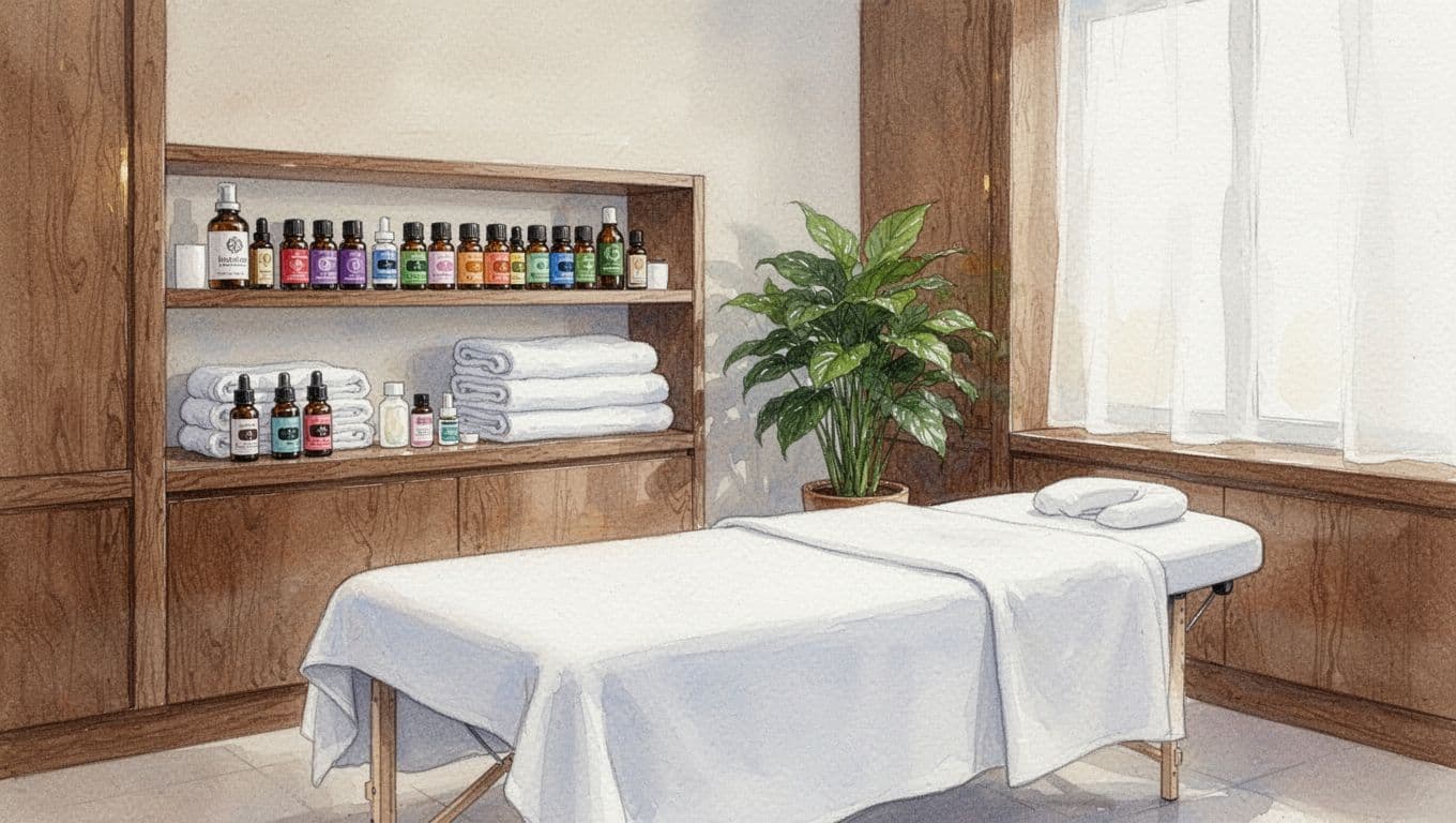 Massages in Langata: A Clear Guide from Fortune Massage & Spa 9 Watercolor spa room shows essential oil bottles on shelf, stacked towels, potted plants, empty massage table with white linens.
