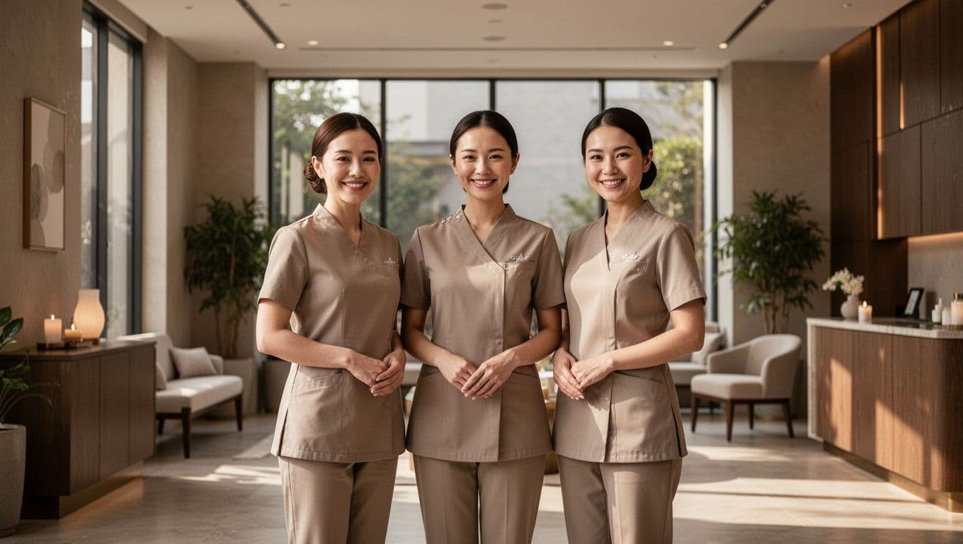Three smiling spa staff members in neutral uniforms stand together in a bright, modern lobby. Soft daylight illuminates the serene interior, highlighting their welcoming expressions and organized, professional workspace environment.