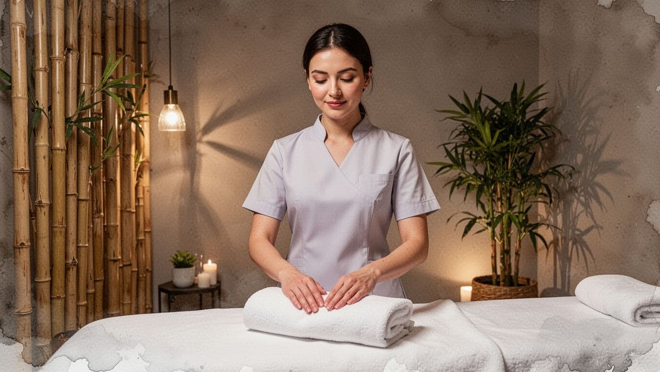 Female therapist in uniform folds fresh towel in clean spa room with bamboo accents and potted plant.