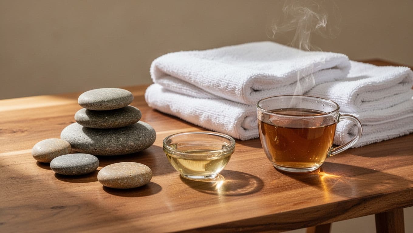 Polished river stones and rolled white towels sit on a wooden table beside a bowl of essential oils. A cup of hot herbal tea steams gently under soft ambient lighting.