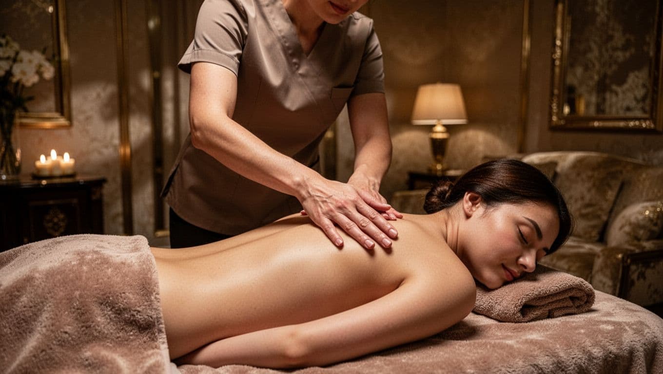 A focused therapist performs smooth effleurage strokes on a client's back inside a dark, luxurious spa room. Warm, soft accent lighting highlights the professional technique while maintaining a calm atmosphere.
