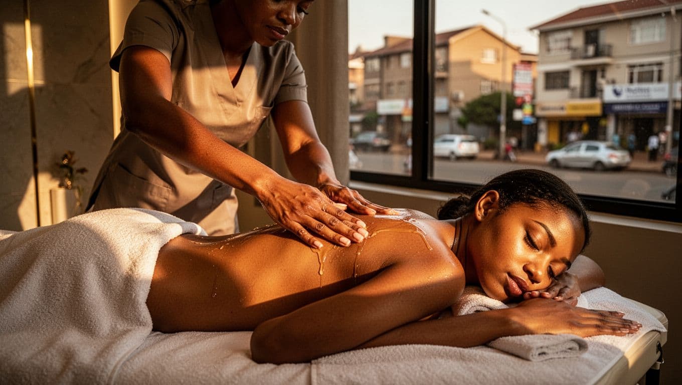 Modern luxurious interior of Velva Massage & Spa treatment room in Kilimani, Nairobi, with a skilled female therapist applying smooth Swedish massage strokes to a relaxed female client lying face down on a professional table, warm golden hour lighting and blurred street view.