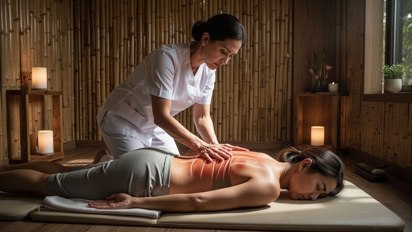 In a serene spa room with bamboo walls, a therapist in modest white uniform kneels to apply firm palm pressure along the back sen lines of a fully clothed client lying face down on a padded mat, captured in cinematic style with dramatic side lighting.
