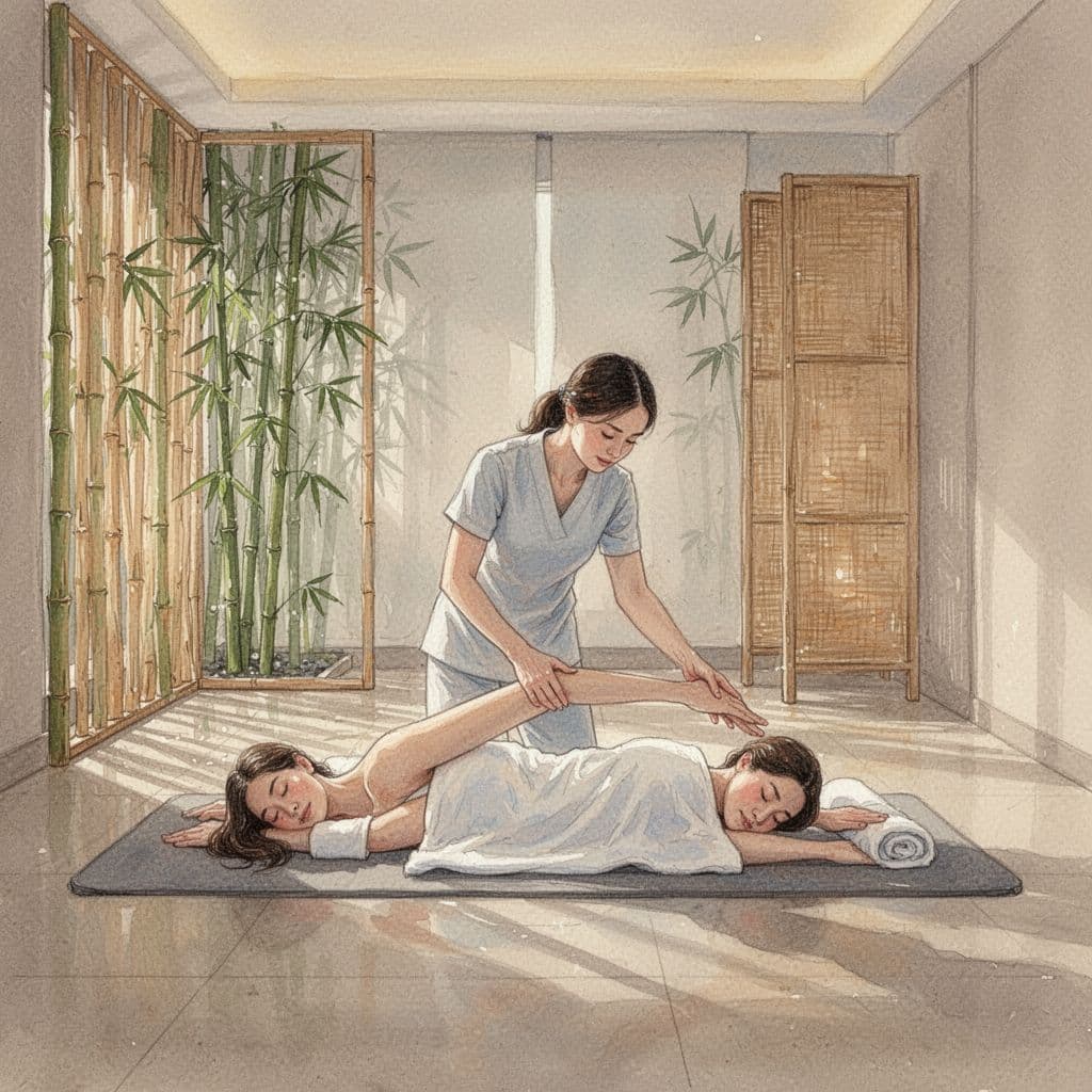 A therapist performs an assisted stretch for a client on a floor mat in a peaceful spa.