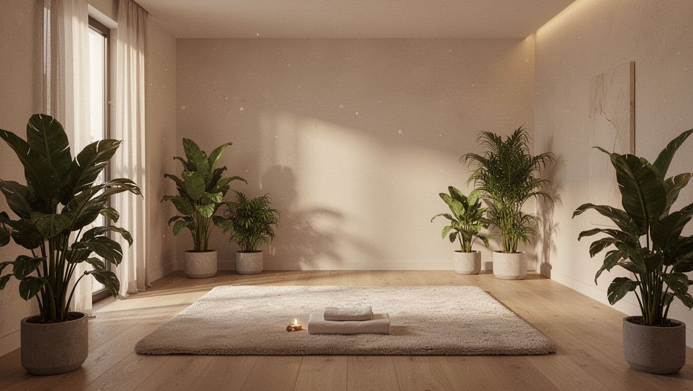 A serene massage room features a padded floor mat neatly placed in the center. Warm ambient lighting glows against stone walls, complemented by lush green plants and elegant minimalist decor.