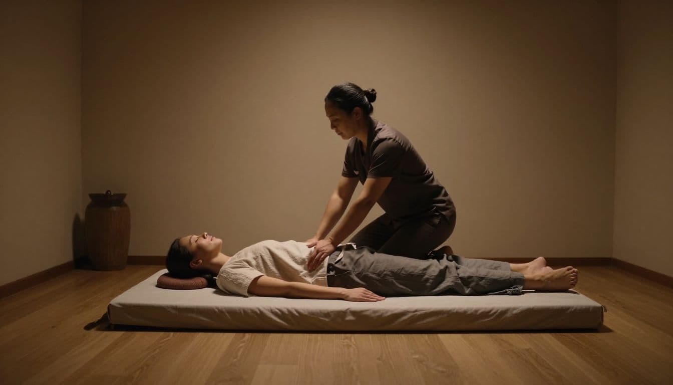 A skilled therapist performs gentle stretches on a client resting on a floor mattress inside a serene spa room. Warm lighting illuminates the minimalist space, creating a calm and relaxing atmosphere.