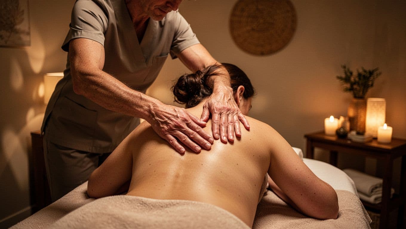 A professional therapist applies firm pressure to a client's back inside a dimly lit, tranquil spa room. Warm, amber light highlights the muscles and textures of the treatment table setting.