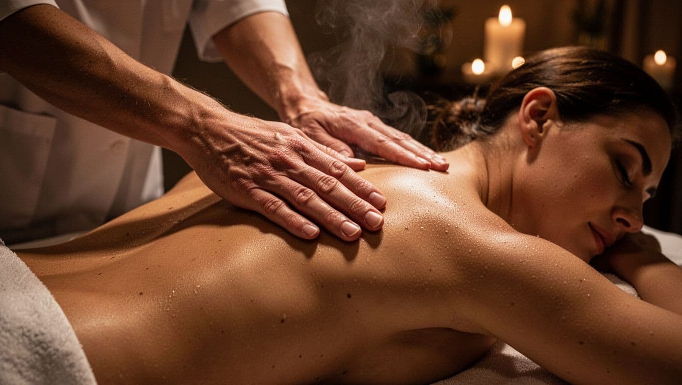 A skilled therapist applies gentle pressure to the client's upper back, emphasizing the release of muscle tension. Warm, dramatic lighting highlights the serene environment of this peaceful, dimly lit spa room.