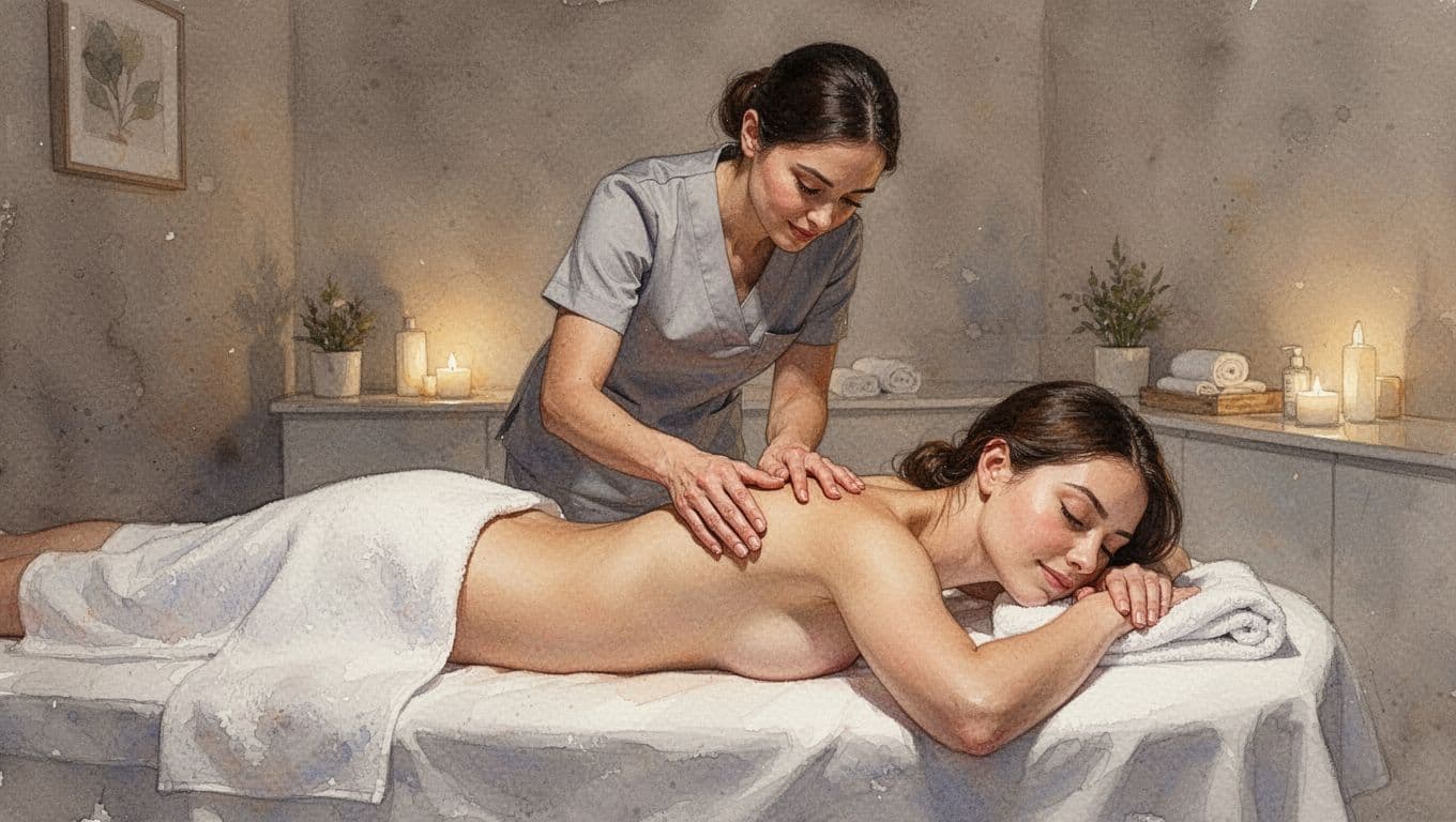 A focused therapist performs a gentle back massage in a serene spa room with soft watercolor textures. Warm ambient lighting creates a peaceful atmosphere around the patient lying on the table.