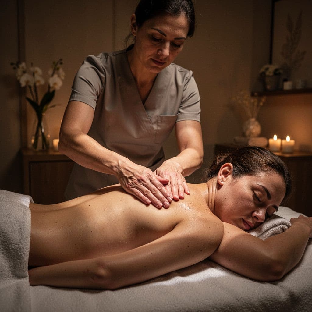 A skilled therapist provides a soothing back massage to a client lying on a treatment table. Soft amber lighting highlights the gentle pressure against the client's relaxed shoulders in the room.