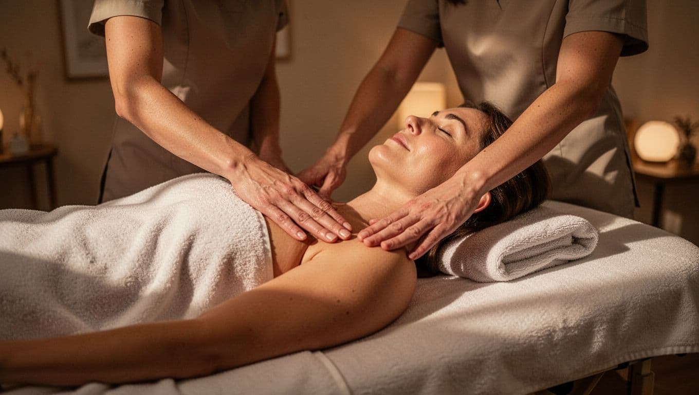 A relaxed client lies prone on a cushioned massage table while a skilled therapist applies gentle pressure to their back. Warm ambient lighting fills the serene room to create comfort.