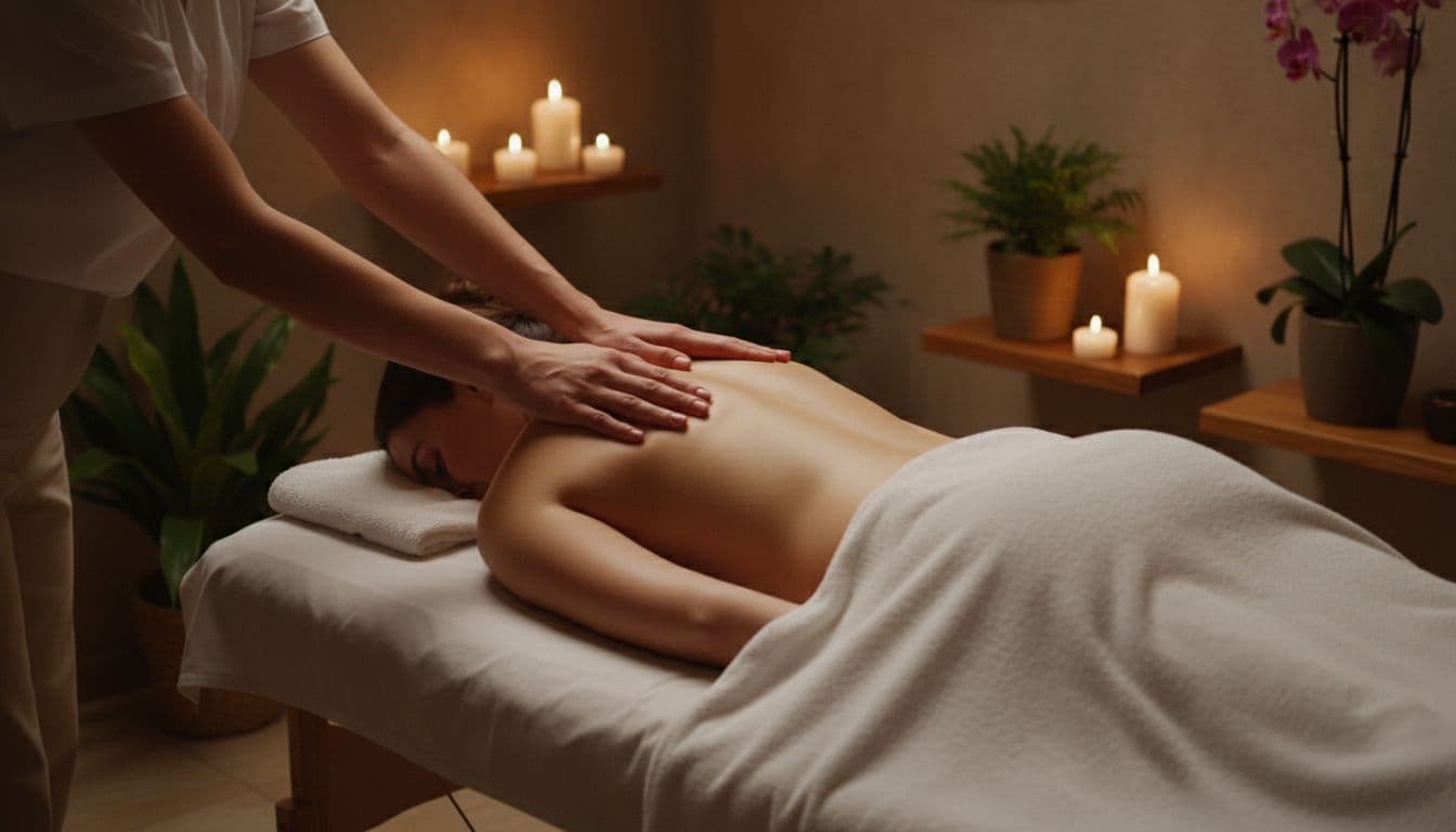 A client lies face down on a massage table with a white sheet properly draped over the lower body, exposing only the upper back. A therapist applies medium pressure to the shoulders and upper back in a serene, dimly lit spa room with candles and plants.