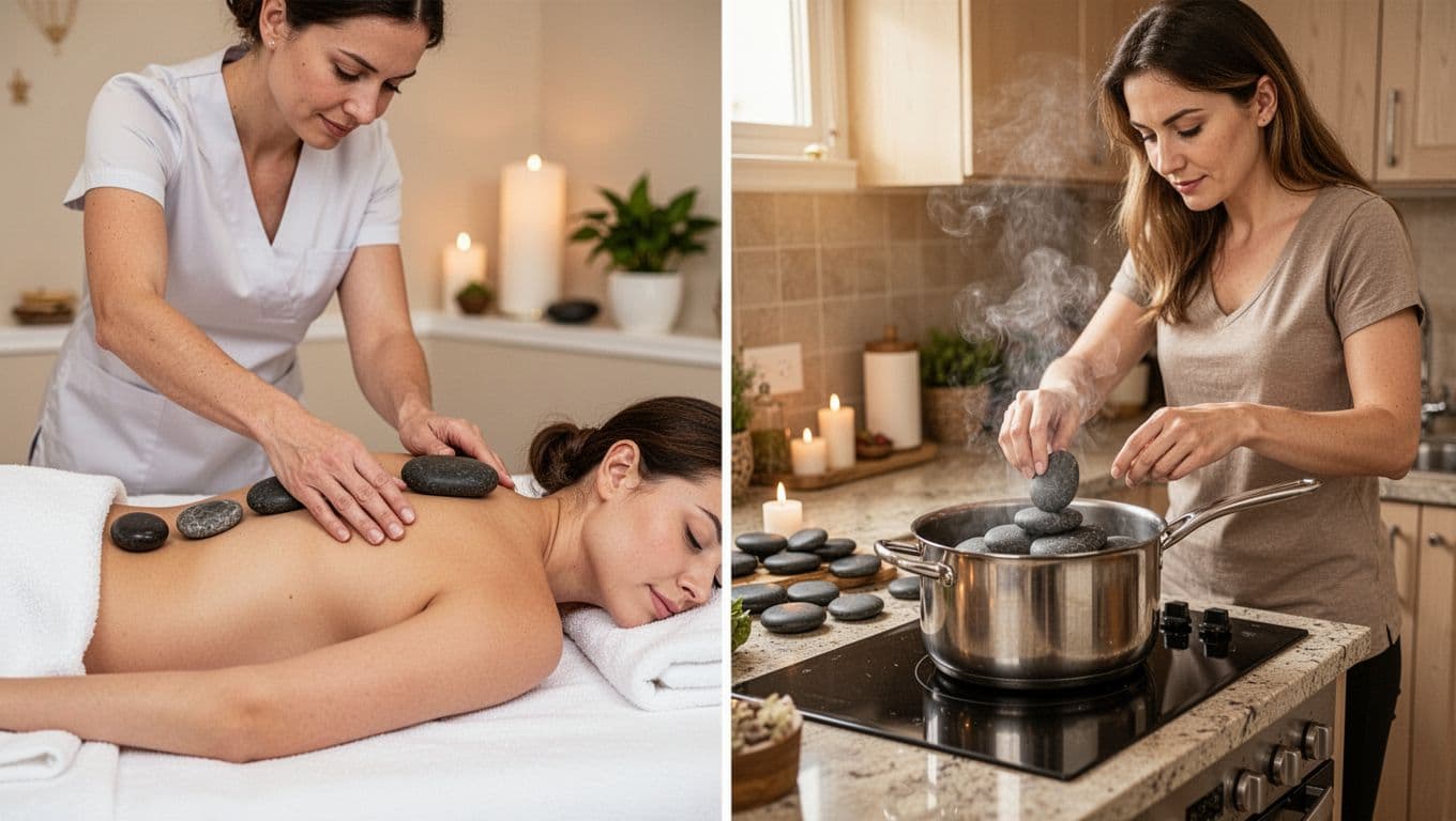 Split composition showing a professional hot stone massage in a serene spa on the left side with a therapist safely placing stones on a client's back, and a home setup on the right with a person heating stones in a pot on a kitchen counter.