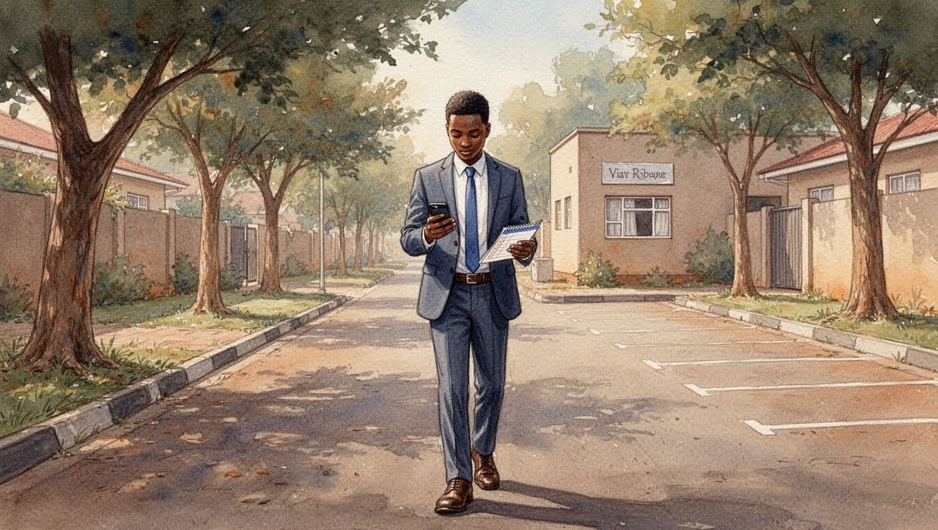 A young professional in business casual walks down Kindaruma Road in Kilimani, Nairobi, towards a spa sign at Afya Maisonettes, phone in hand checking schedule on a tree-lined urban residential street with empty parking spots. Watercolor style image emphasizing relaxed accessibility and convenience for busy schedules.