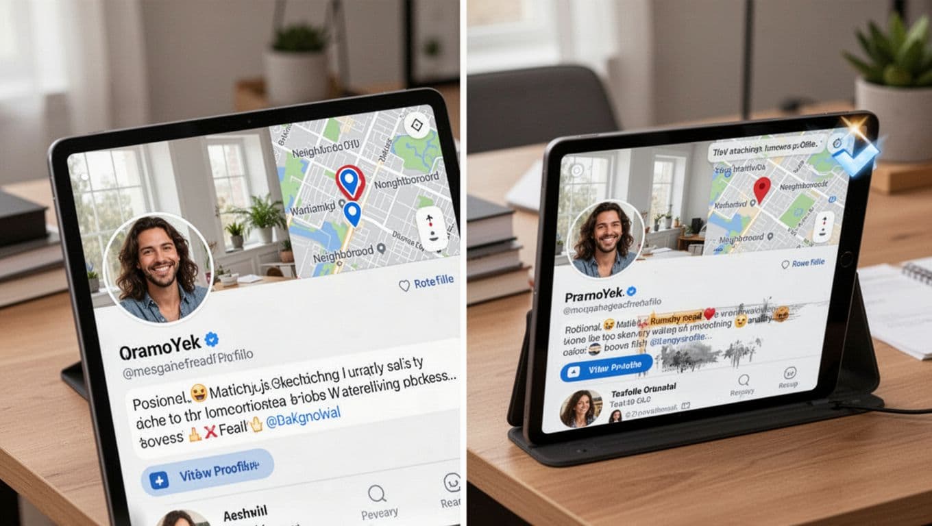Photorealistic split-view comparison on an angled tablet screen under natural desk lighting: left side shows consistent profile elements like matching photo background, room, neighborhood map pin, and bio snippet; right side displays inconsistent mismatched details. No readable text, exactly one tablet, no hands.