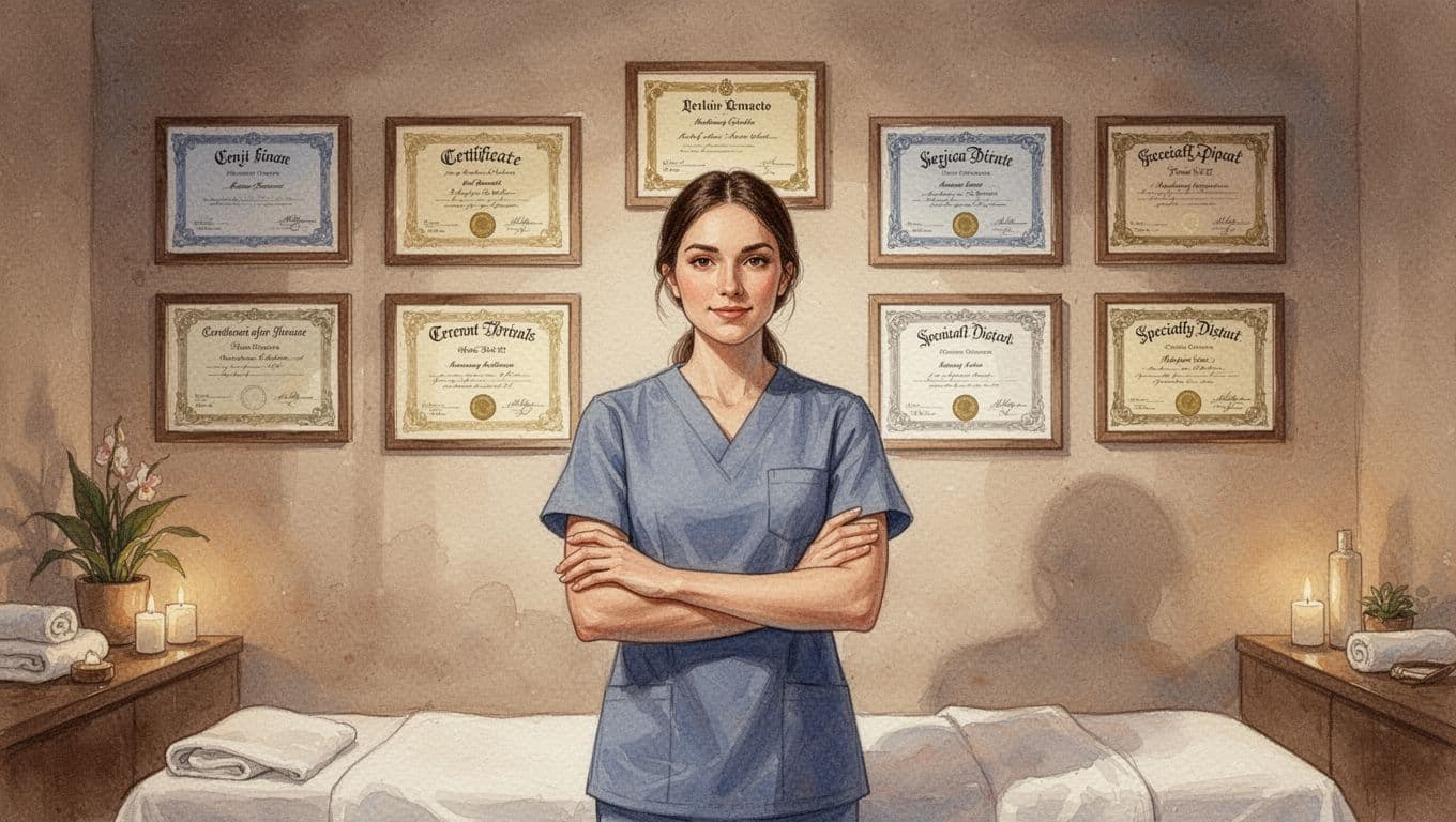 A confident massage therapist stands relaxed with crossed arms in a serene Nairobi spa room, framed credentials and specialty certificates prominently displayed on the wall behind. Watercolor style with soft blending, visible brush texture, earth tones, and warm dim lighting.