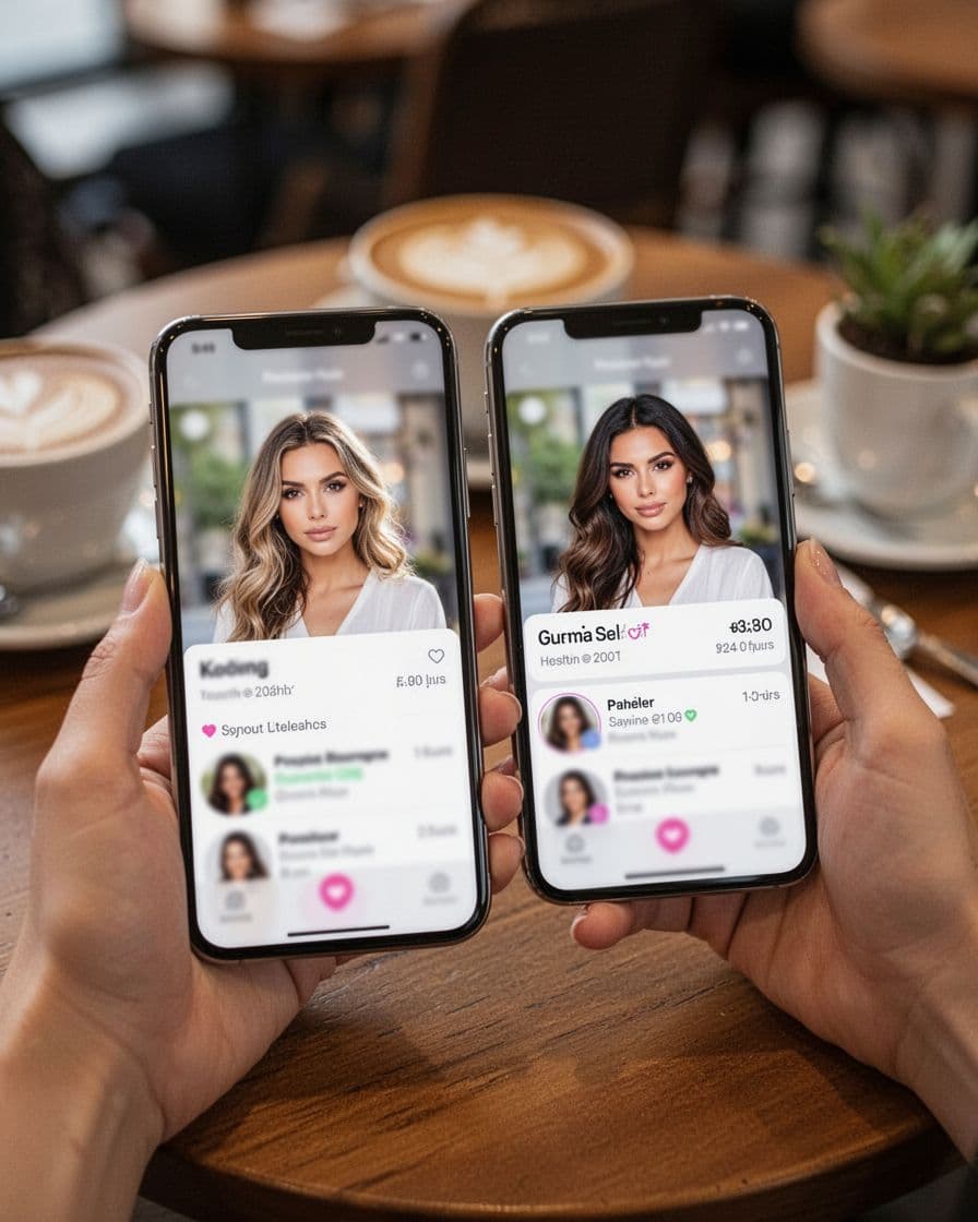 Close-up of a smartphone screen held in hands at a cafe table, showing two blurred female profile cards side-by-side with basic info like location and hours, illustrating elements of strong escort listings in a cozy setting.