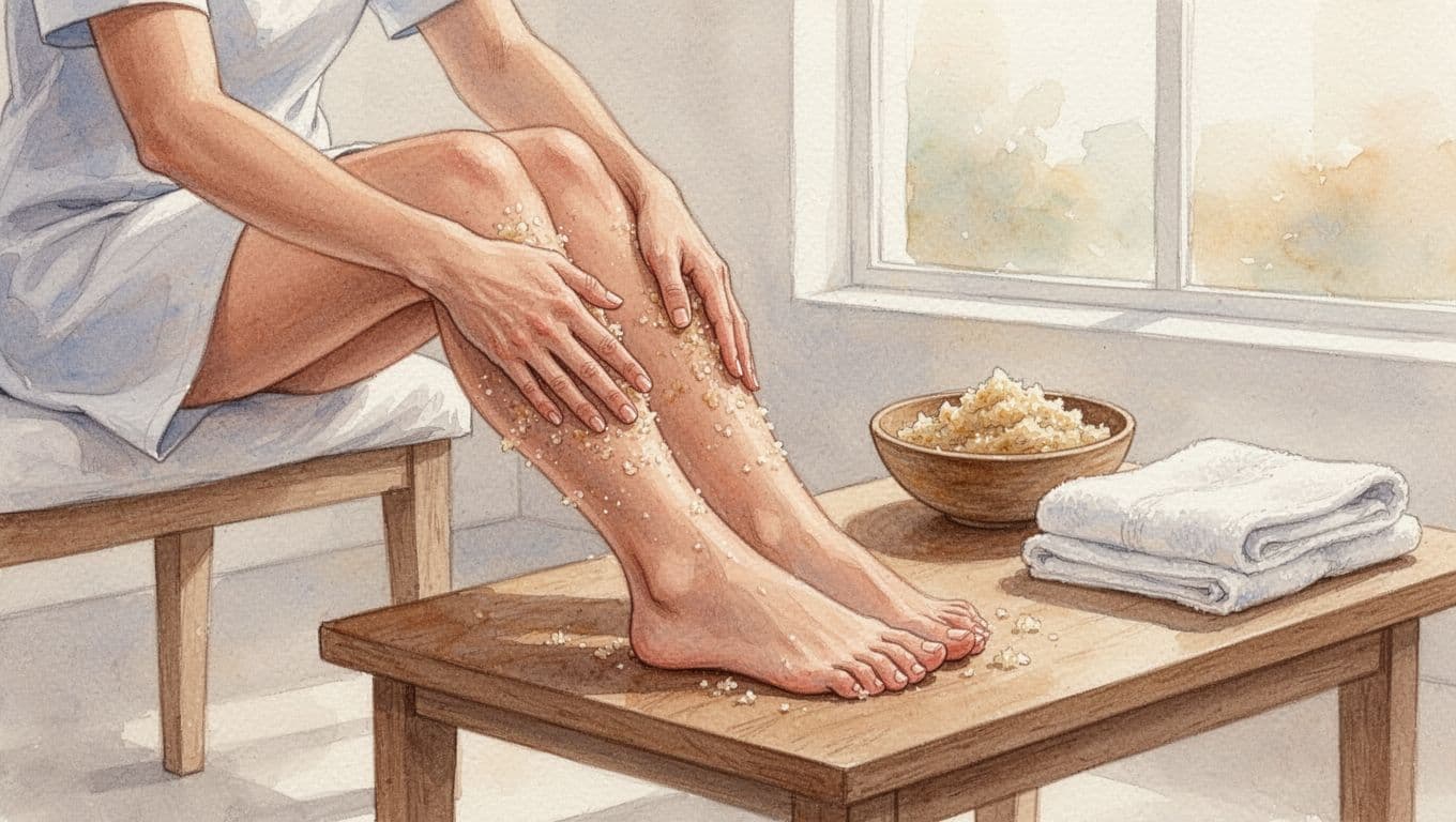 A therapist gives a quick lower body massage or applies scrub to a seated client's legs, calves, and feet in a bright simple spa room with tools nearby, conveying an energetic on-the-go care vibe in watercolor style.
