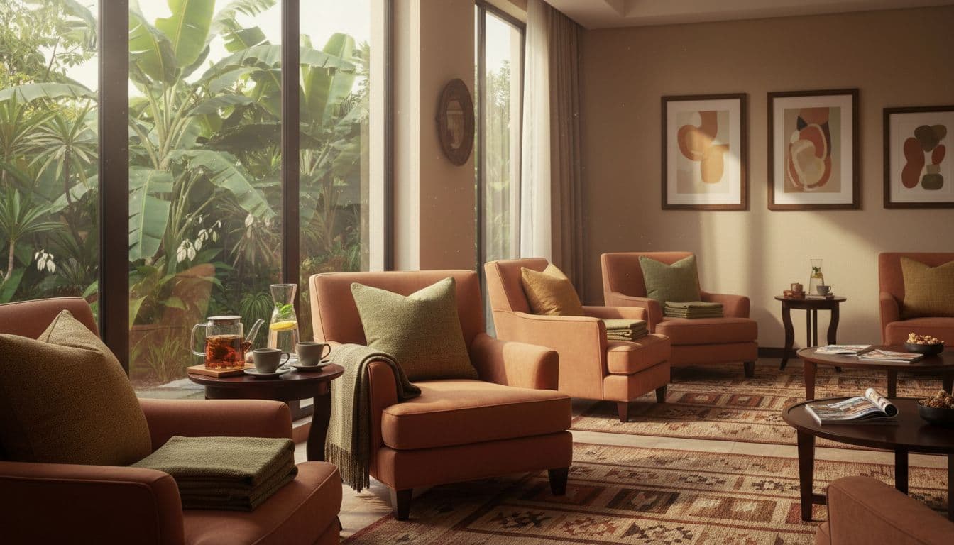 Serene empty spa lounge in Nairobi during off-peak weekday hours, with comfortable armchairs, herbal tea on side table, and soft natural morning light through windows with tropical plants.