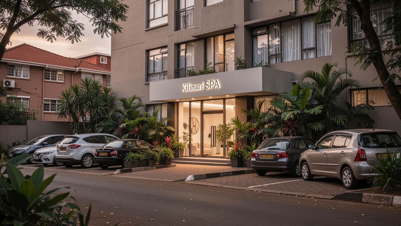 Quiet Kilimani street view outside a spa entrance with easy parking nearby, modern subtle building sign, lush plants, and calm evening light evoking Nairobi's urban vibe. No people visible, photorealistic landscape orientation.