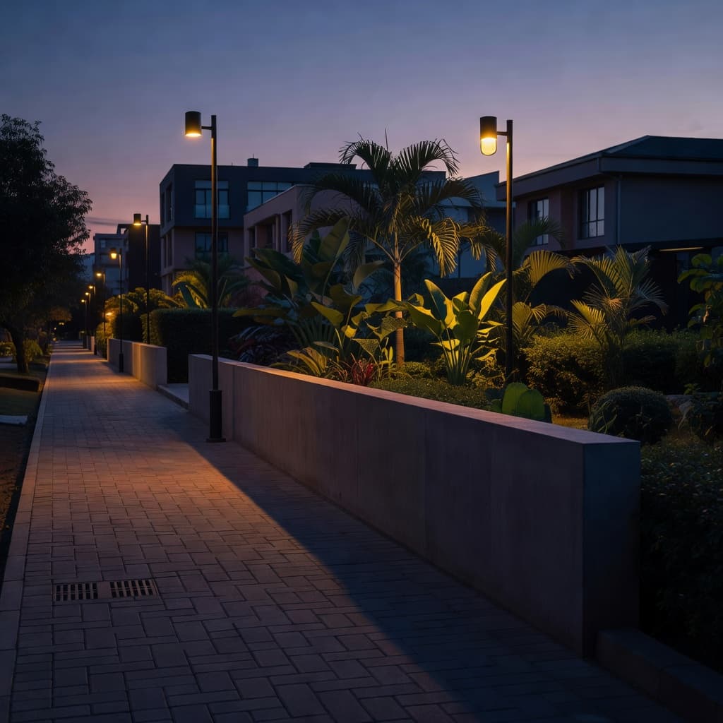 A modern sidewalk lines a tranquil street in Kilimani, Nairobi, illuminated by the golden glow of warm streetlamps. Lush green foliage frames the background under the deep blues of twilight.