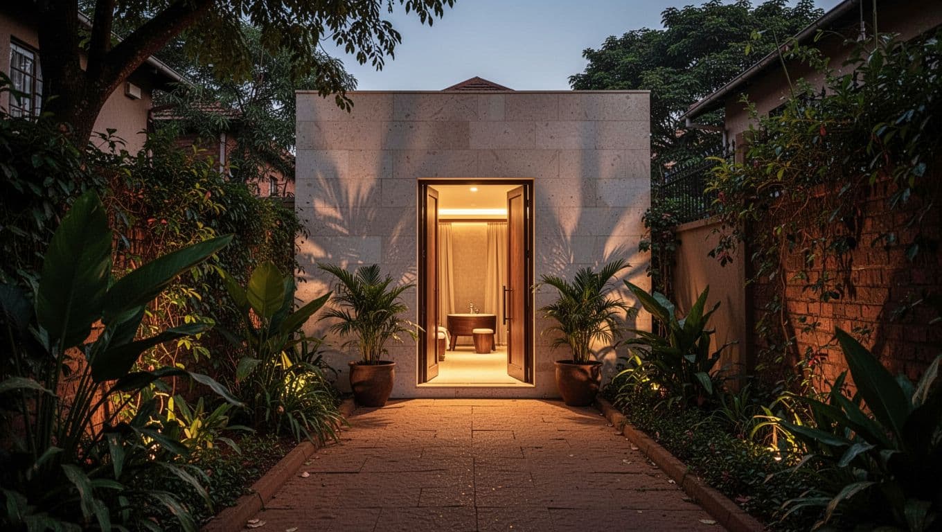 Serene discreet spa entrance on quiet Ndemi Lane in Kilimani, Nairobi at dusk, with warm golden light glowing from the open door, potted plants, clean facade, and lush green surroundings. Cinematic landscape composition focused on the entrance path with dramatic side lighting and shadows, no people or vehicles.