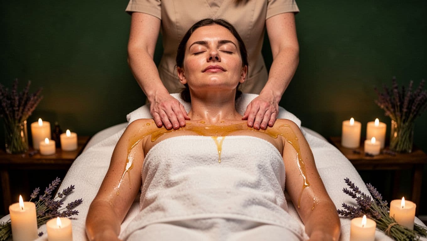 A person lies eyes closed in deep relaxation on a massage table during a hot oil massage in a serene dimly lit spa, with glistening skin on shoulders and arms, candlelight, lavender sprigs, and therapist hands visible on shoulders. Bold 'Quiet Your Mind' headline in title case geometric sans-serif on muted dark-green band near top.