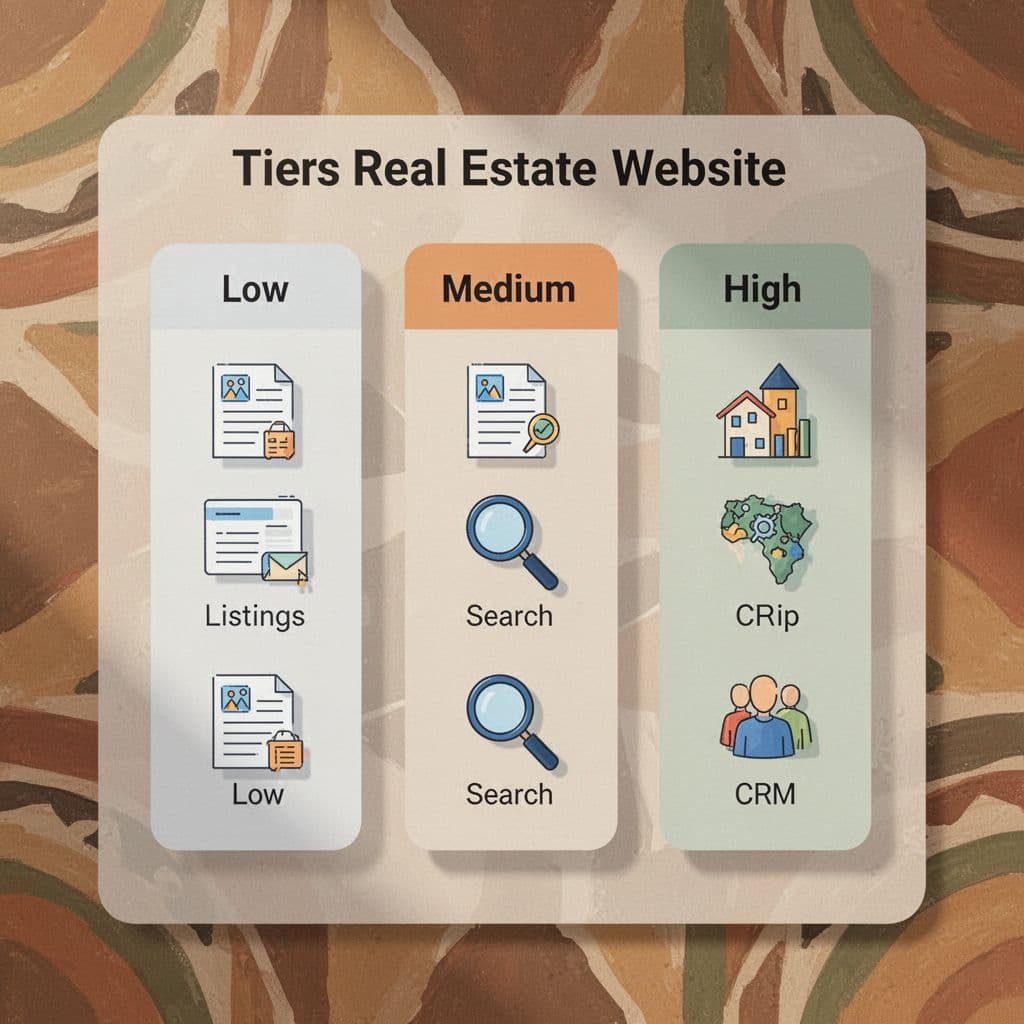 Infographic chart comparing low, mid, and high tier real estate website costs with icons for features like listings, search, and CRM, simple colors, subtle Kenyan flag background, clean vector art, square composition.