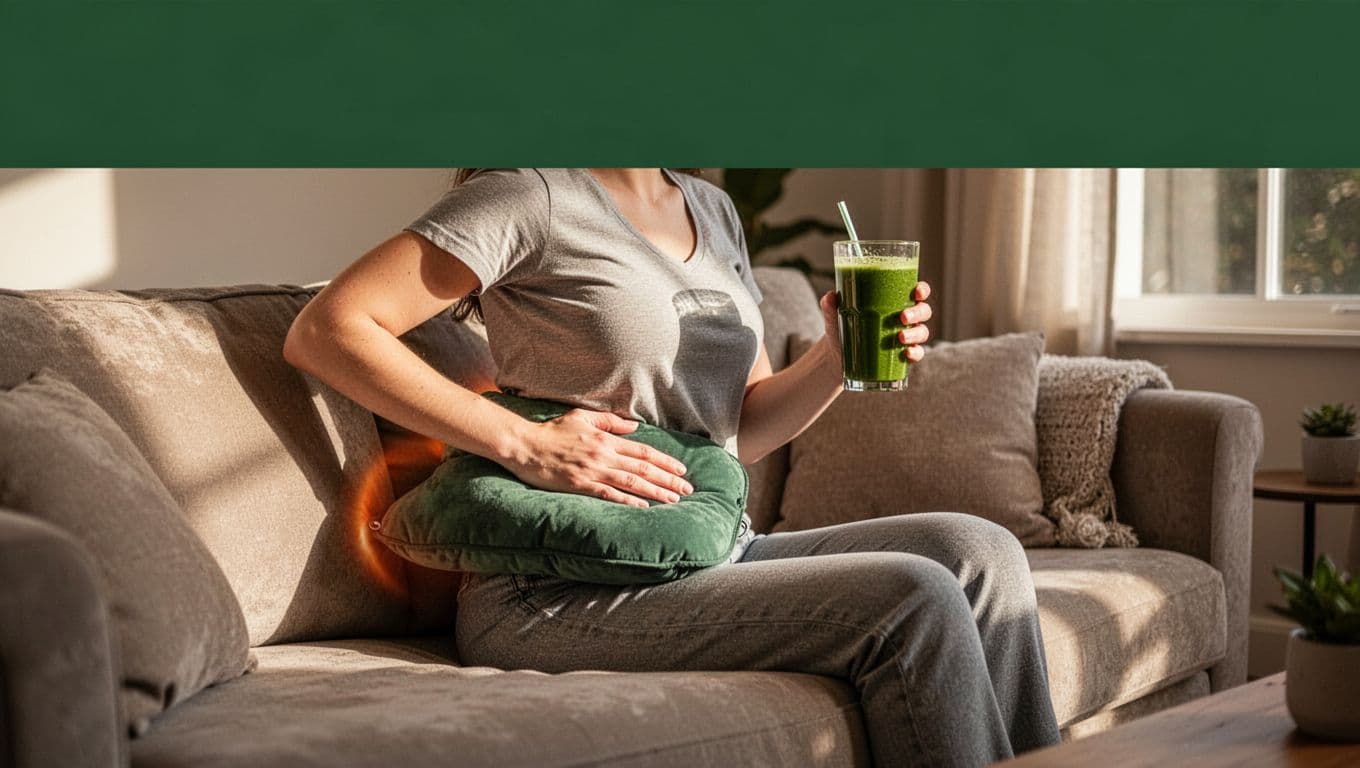 A person relaxes on a cozy living room couch, applying a heat pack to their lower back while holding a green smoothie, under soft afternoon light for a serene post-massage recovery vibe. Bold 'Recover Right' headline spans the top in high-contrast dark-green band.