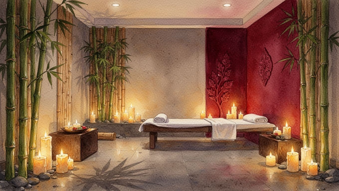 Watercolor spa room with glowing candles, bamboo decor, and red accents.