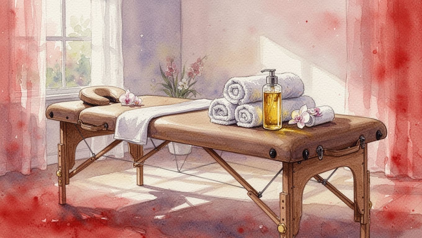 Watercolor spa room with a wooden massage table, rolled towels, and massage oil.