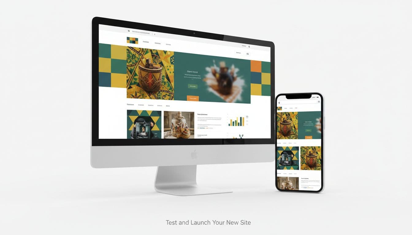 Clean modern redesigned Kenyan business website mockup shown side by side on desktop and mobile devices against a white background. Features e-commerce or service site with simple navigation, vibrant colors, professional layout, angled view, and high-detail product photography style, no readable text or people.