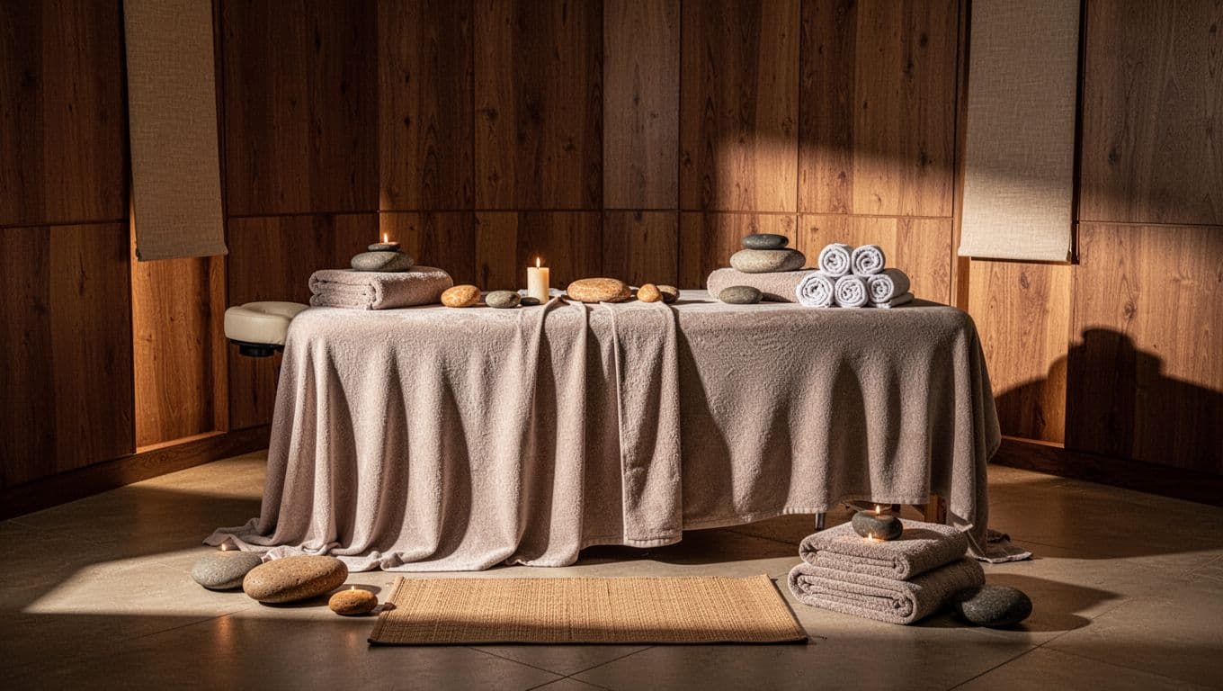 Draped massage table with stones, towels, and floor mat in a warm spa.