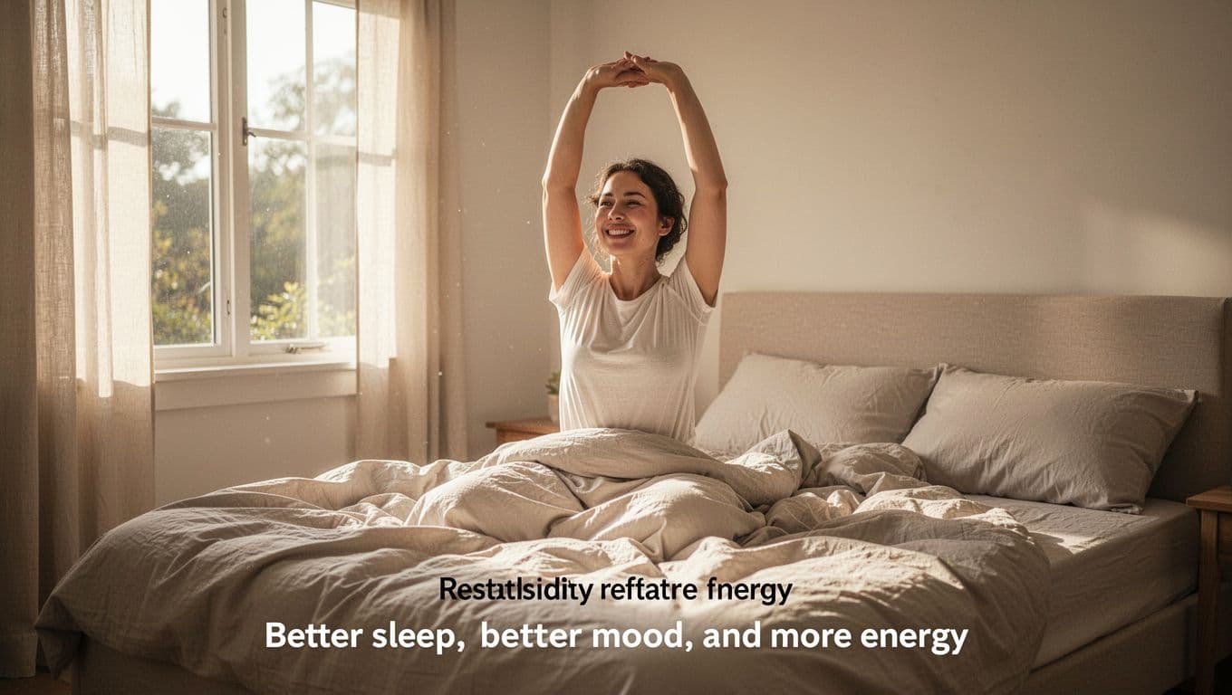 Benefits Of Massage 4 A person stretches refreshed upon waking in a sunlit bedroom, appearing energetic and balanced with a soft smile amid comfortably rumpled cozy bed sheets and natural morning light through the window.