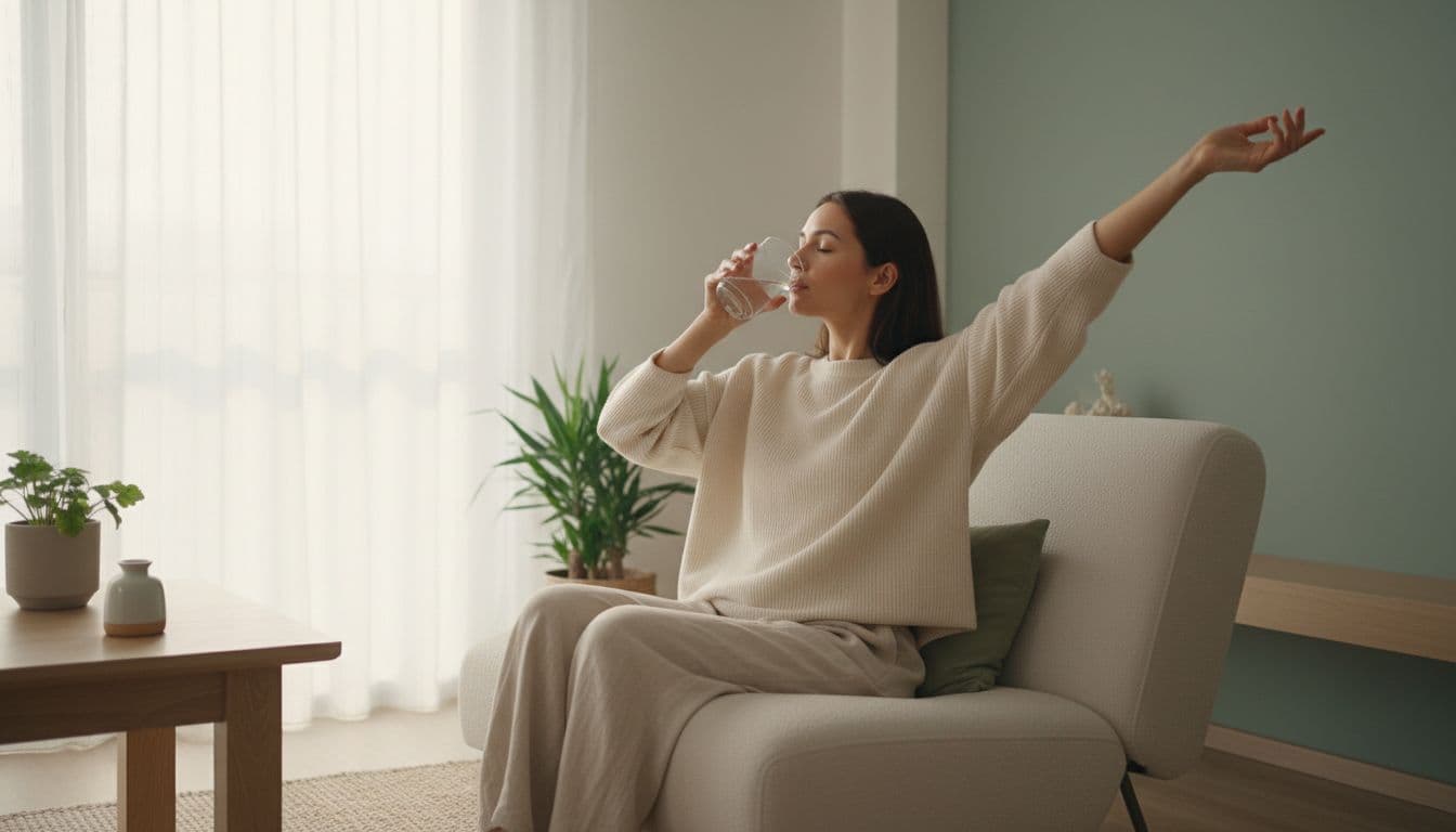A person feeling refreshed after a spa massage sits comfortably in a lounge chair at home, drinking water from a clear glass while performing a gentle arm stretch in a serene living room with soft natural light.