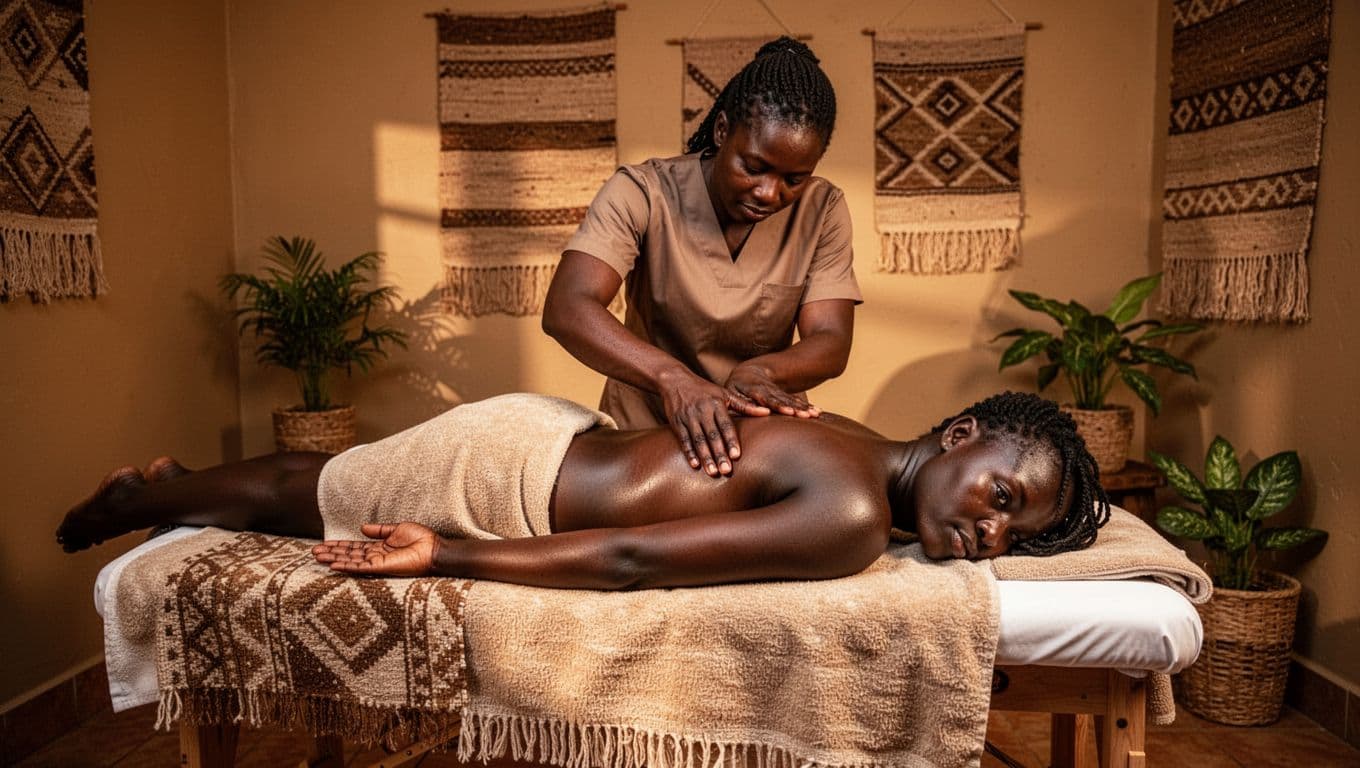 A relaxed African client lies on a massage table in a serene Nairobi spa room, receiving gentle Swedish massage strokes on the back from a therapist's hands amid earth-toned decor and warm lighting.