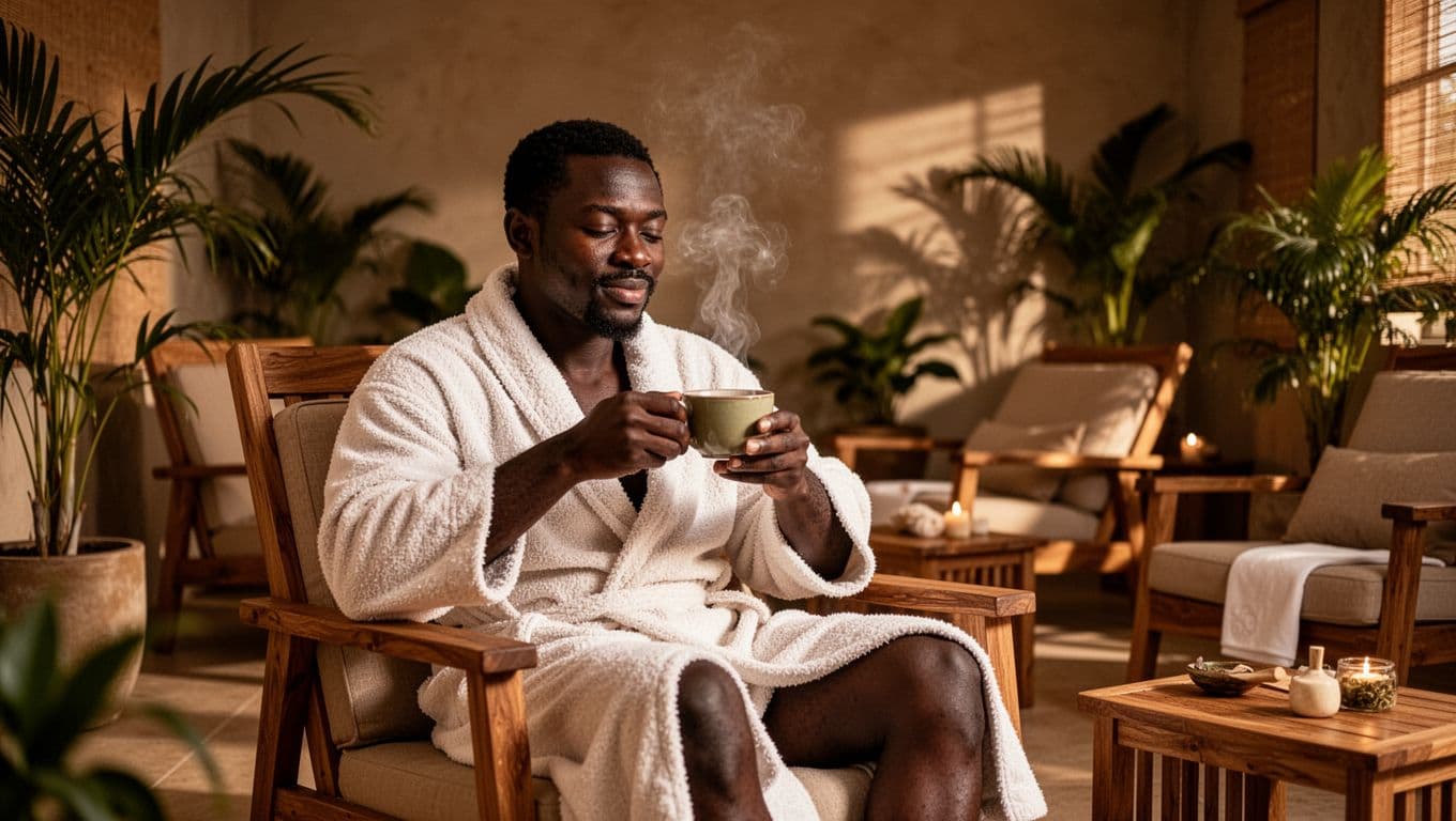 A relaxed African man in a cozy robe sits in a Nairobi spa lounge, sipping steaming herbal tea with a serene expression amid soft warm lighting, wooden furniture, and tropical plants.