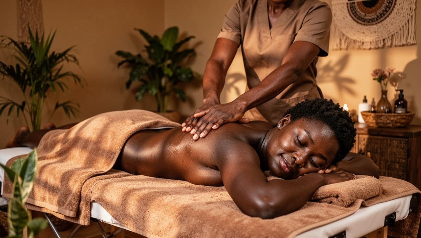 A single relaxed African woman lies face down on a massage table in a serene Nairobi spa room, with therapist's hands gently massaging her back to show reduced tension, surrounded by warm soft lighting, subtle Kenyan plants, and earth tones.