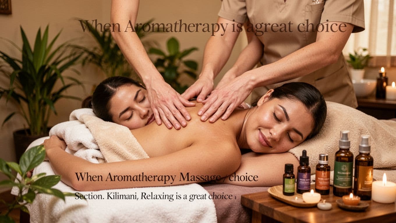 A relaxed person lies on a spa massage table receiving gentle aromatherapy shoulder massage in a serene room with soft lighting, plants, and essential oil bottles, focusing on calm expression and soothing atmosphere.