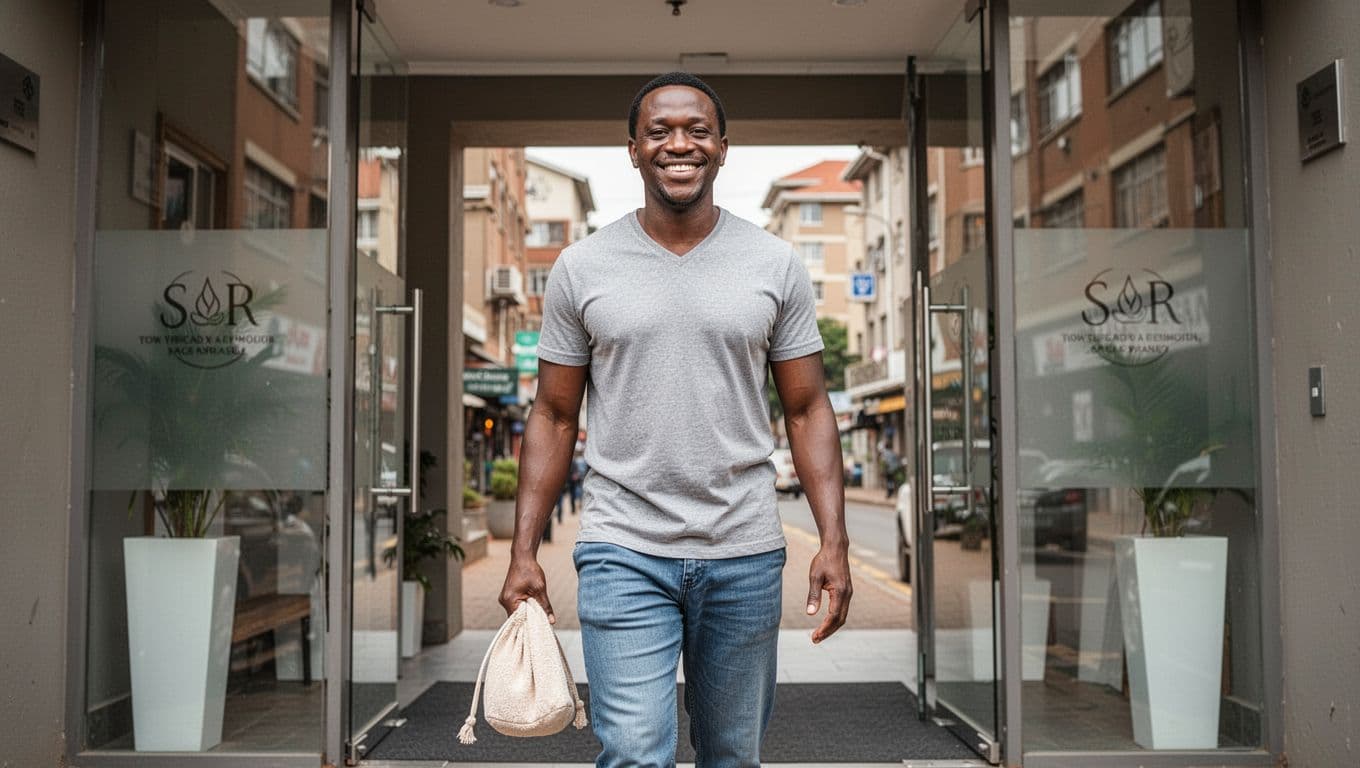 A relaxed adult in casual clothes arrives confidently at the modern spa entrance on a Westlands Nairobi street during daytime, carrying a small towel bag.