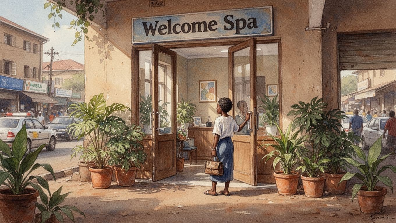 A single relaxed person carrying a small bag approaches the welcoming entrance of Classic Comfort Massage & Spa on Biashara Street in Nairobi CBD, bathed in afternoon sunlight highlighting plants and the open door, conveying calm anticipation in watercolor style.