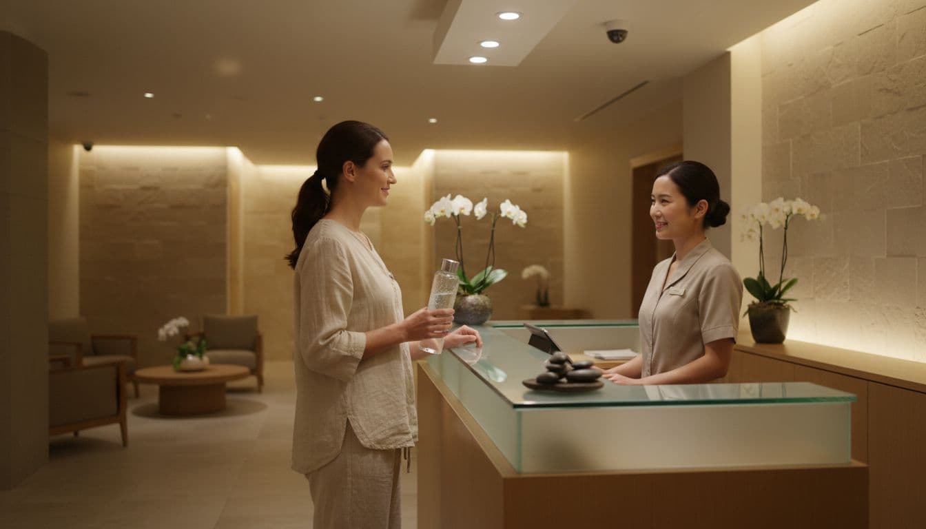 A client with relaxed posture checks in at a welcoming spa reception desk, holding a water bottle for hydration, in a modern spa interior with soft warm lighting, side view focusing on the interaction.