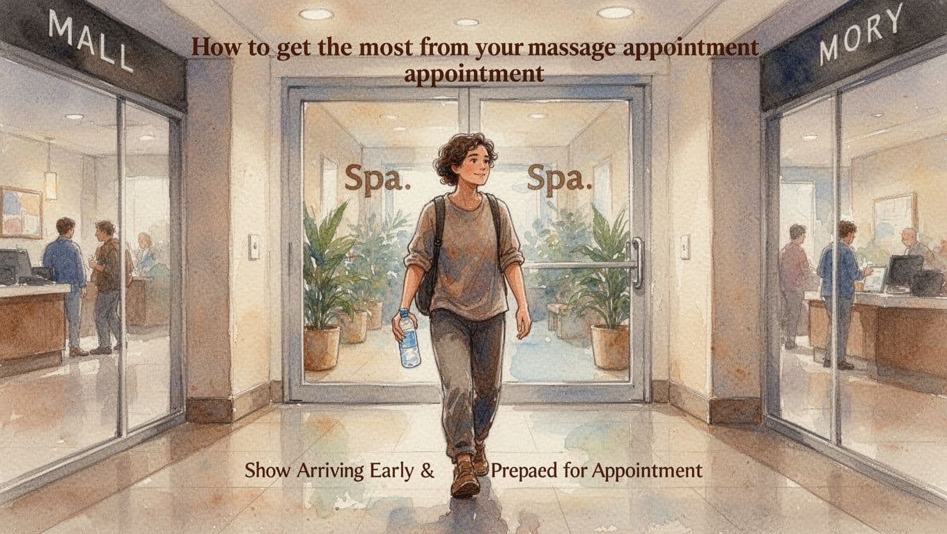 Watercolor style image of a relaxed person in comfortable clothes walking calmly towards a spa door in a mall hallway, carrying a water bottle, with warm earth tones and soft lighting.