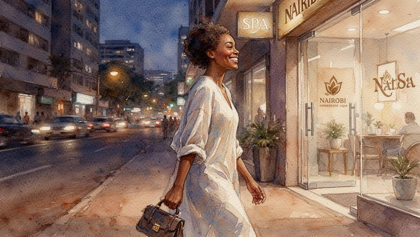 A relaxed happy client with a light smile and loose shoulders emerges from a Nairobi spa carrying a small bag, walking away on a blurred evening city street, captured in watercolor style with soft blending, visible brush texture, and warm earthy tones.